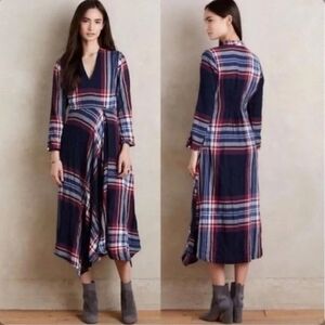 Isabella Sinclair Anthropologie Navy Red Plaid Handkerchief Dress Large